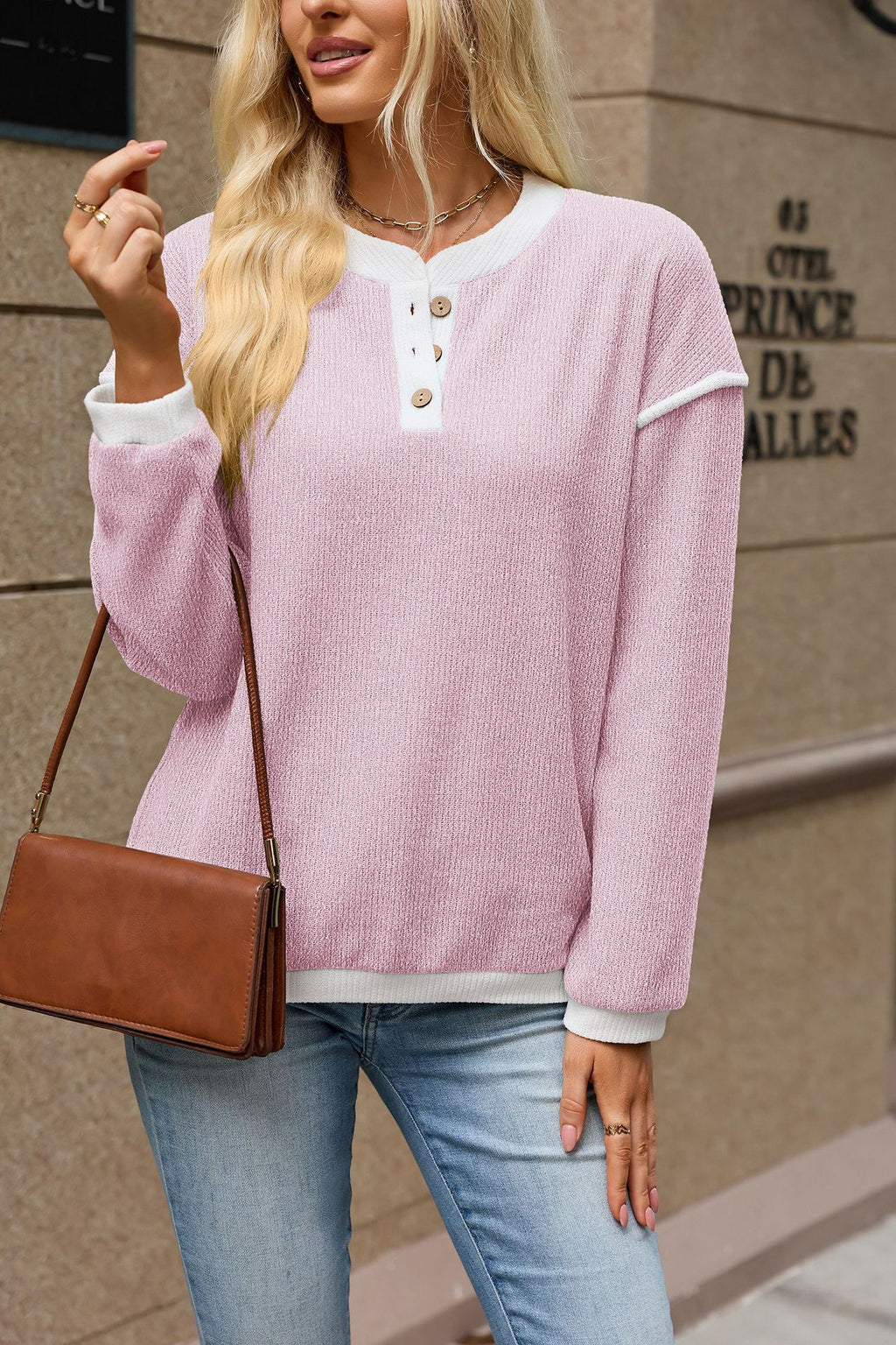 Henley Button Knit Top With Piping Trim - Pink - 2