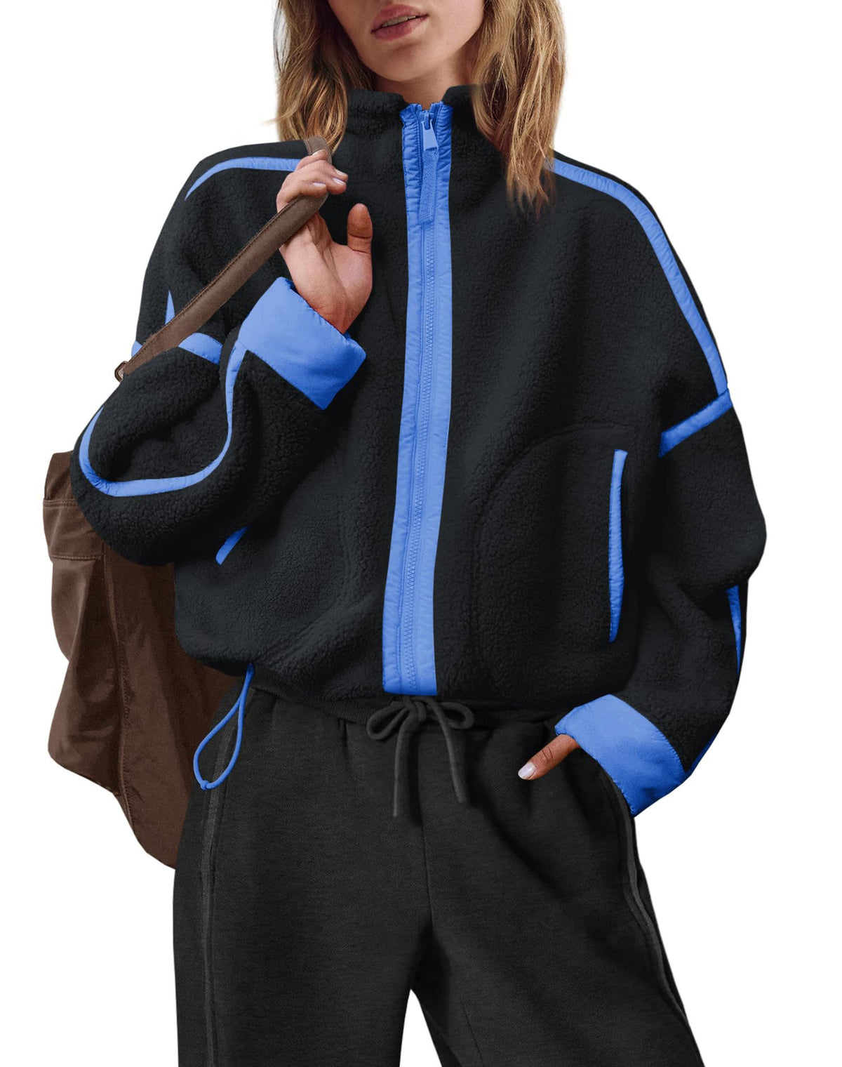 Colorblock Teddy Fleece Jacket With Stand Collar - Black