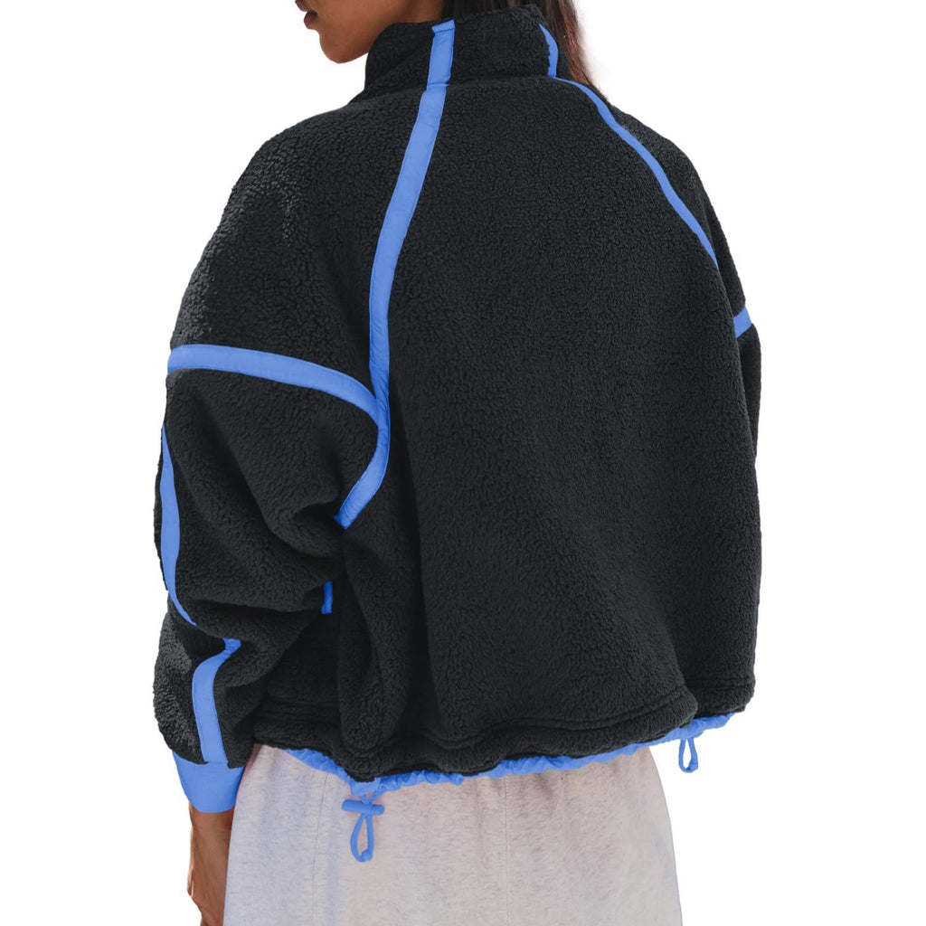 Colorblock Teddy Fleece Jacket With Stand Collar - Black - 1