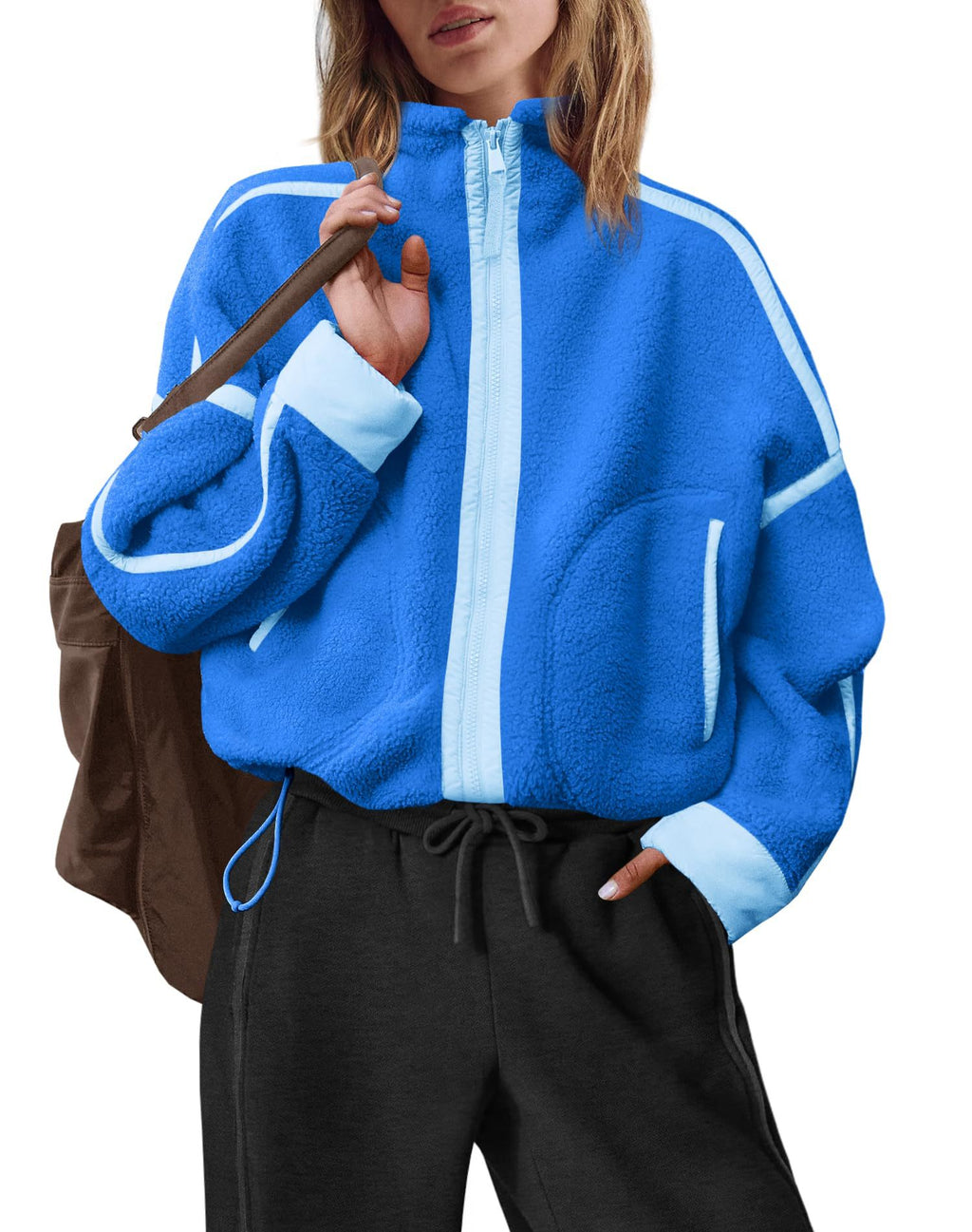 Colorblock Teddy Fleece Jacket With Stand Collar - Blue