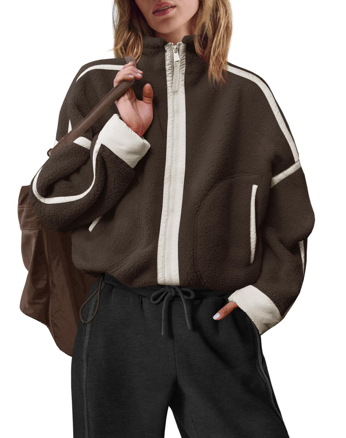 Colorblock Teddy Fleece Jacket With Stand Collar - Brown
