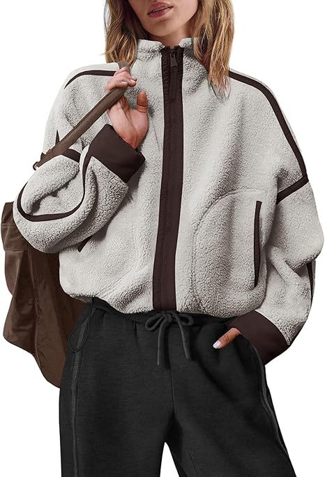 Colorblock Teddy Fleece Jacket With Stand Collar - Gray