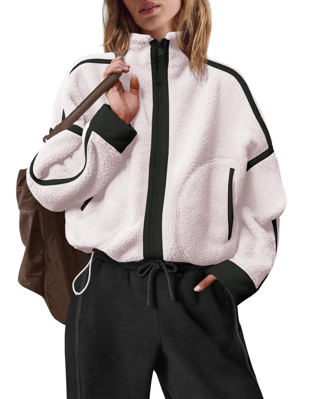 Colorblock Teddy Fleece Jacket With Stand Collar - White