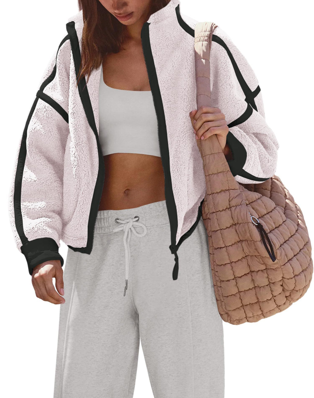 Colorblock Teddy Fleece Jacket With Stand Collar - White - 1