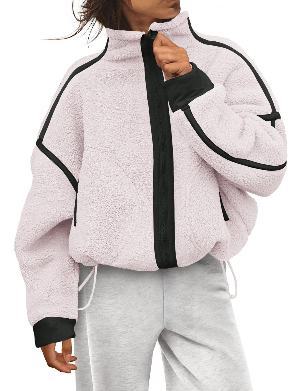 Colorblock Teddy Fleece Jacket With Stand Collar - White - 2