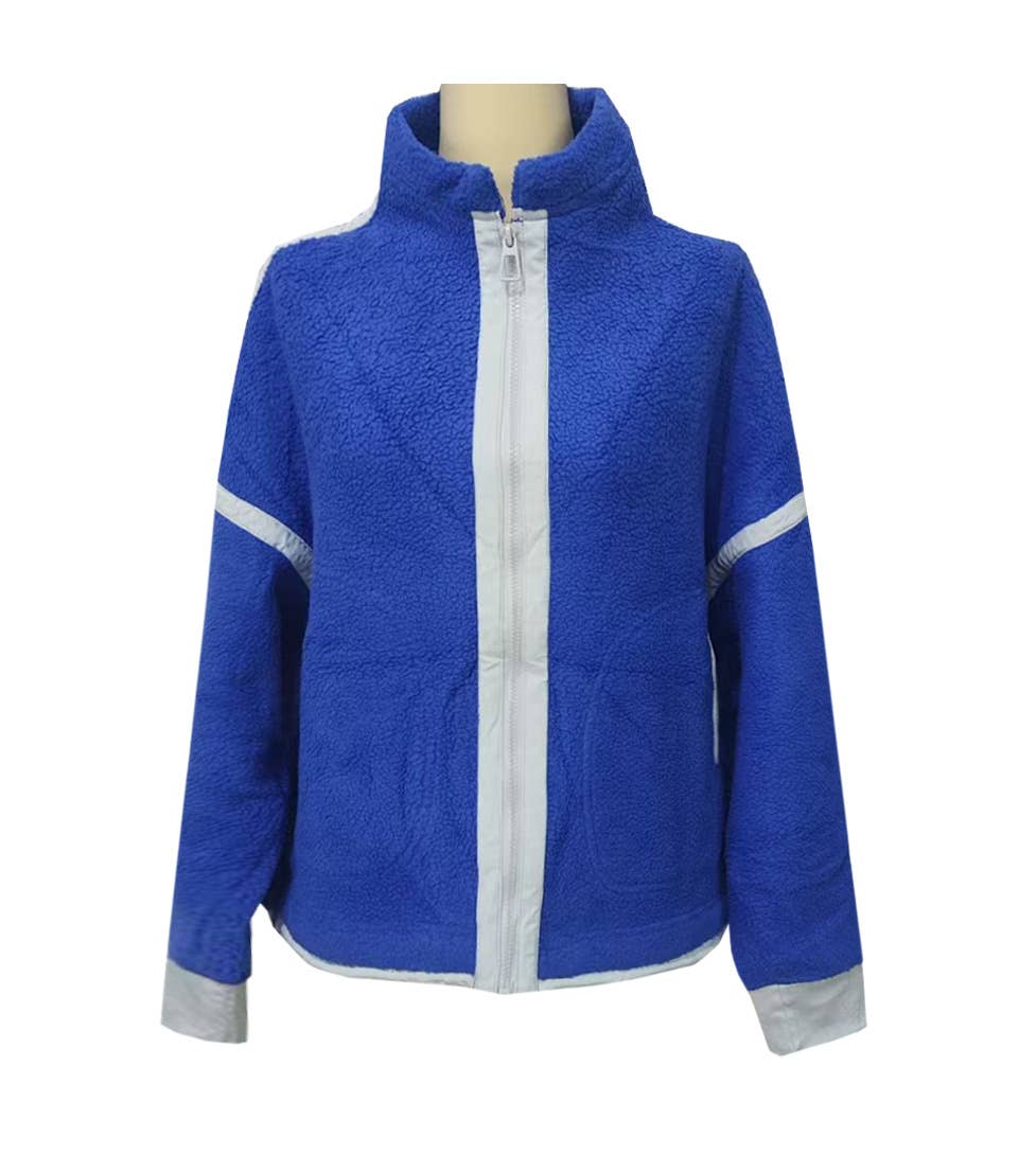 Colorblock Teddy Fleece Jacket With Stand Collar