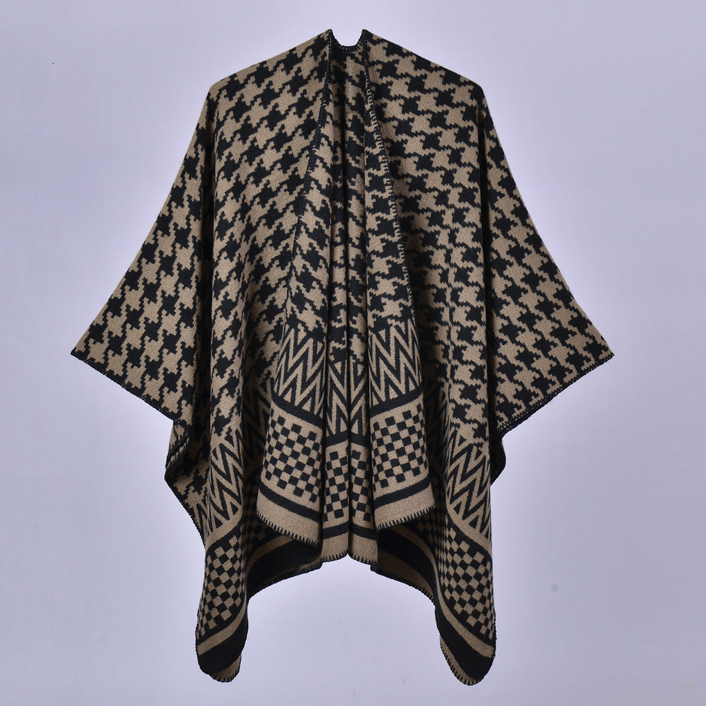Mixed Houndstooth Jacquard Open Wrap - BLACK