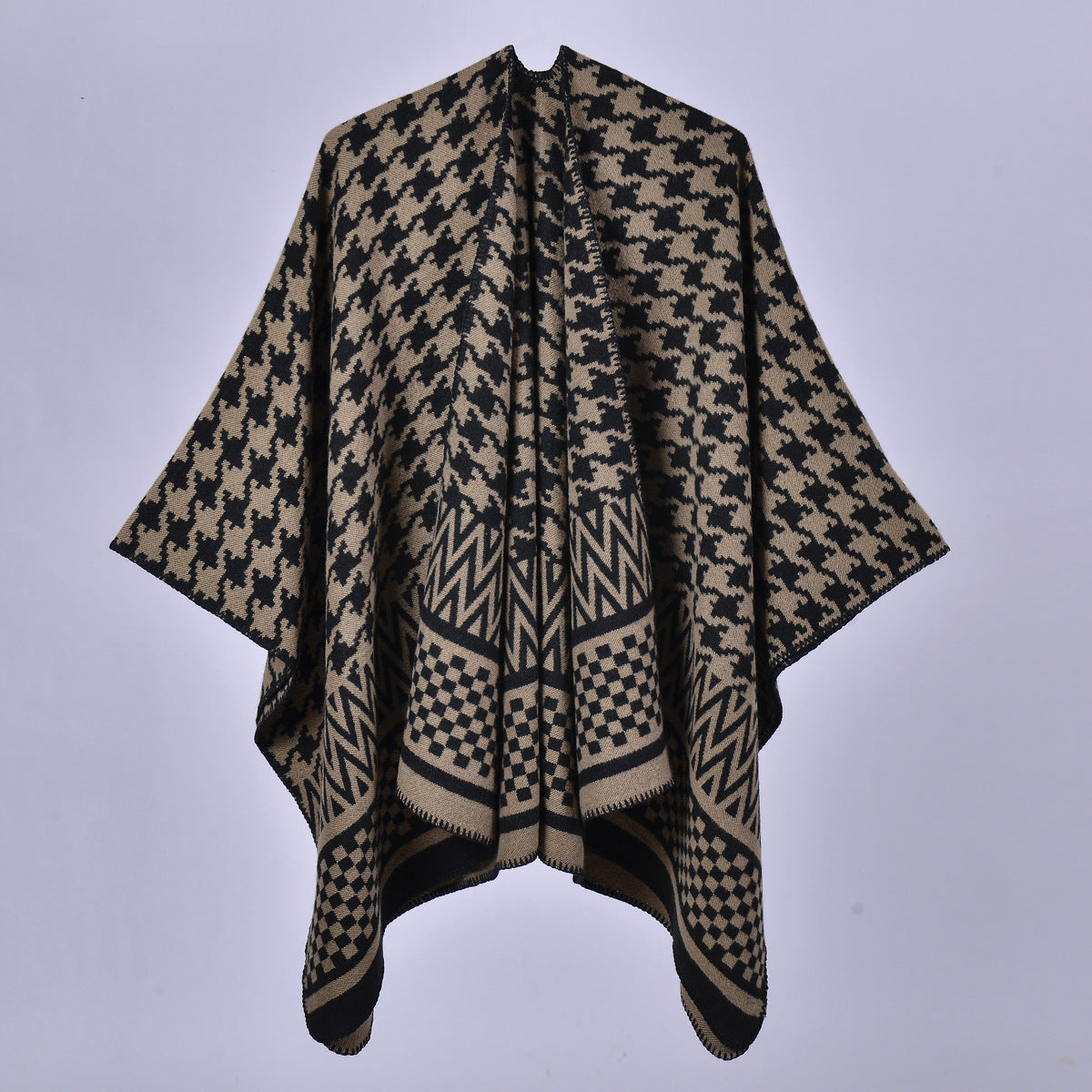 Mixed Houndstooth Jacquard Open Wrap - BLACK