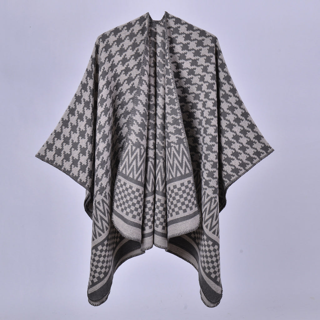 Mixed Houndstooth Jacquard Open Wrap - GREY