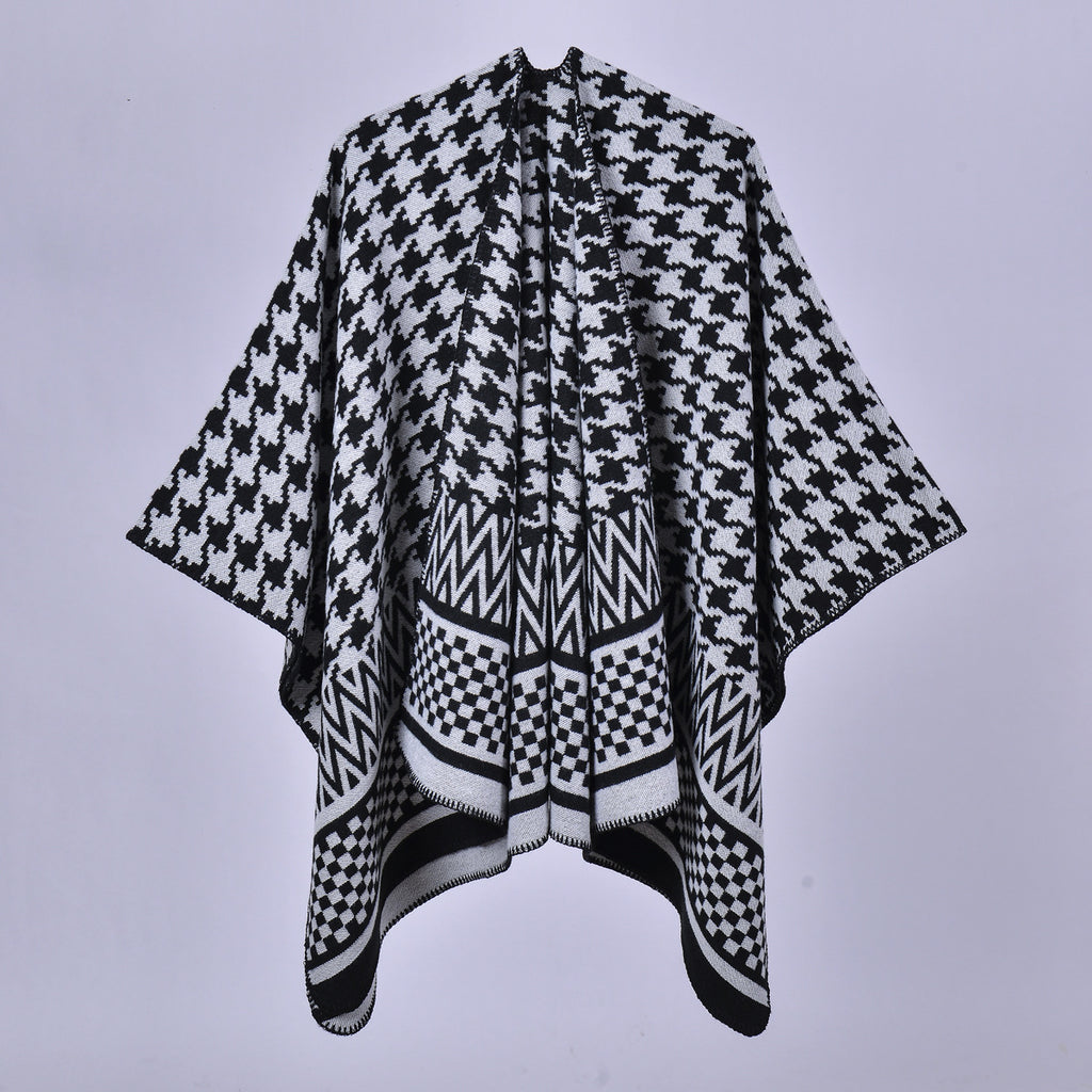 Mixed Houndstooth Jacquard Open Wrap - WHITE
