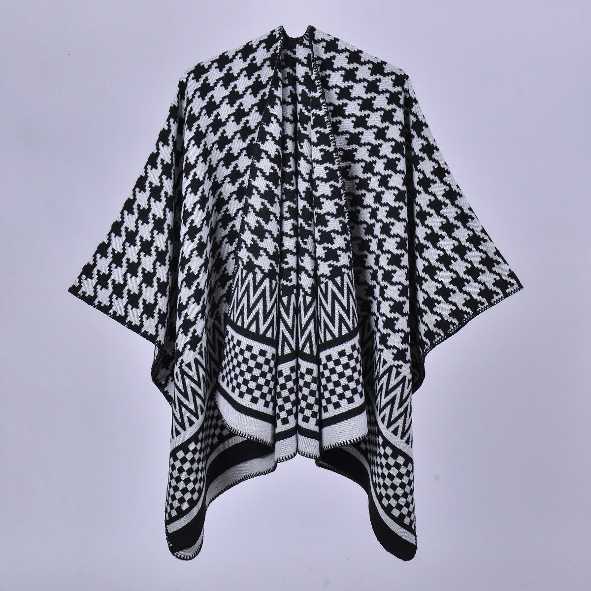 Mixed Houndstooth Jacquard Open Wrap - WHITE