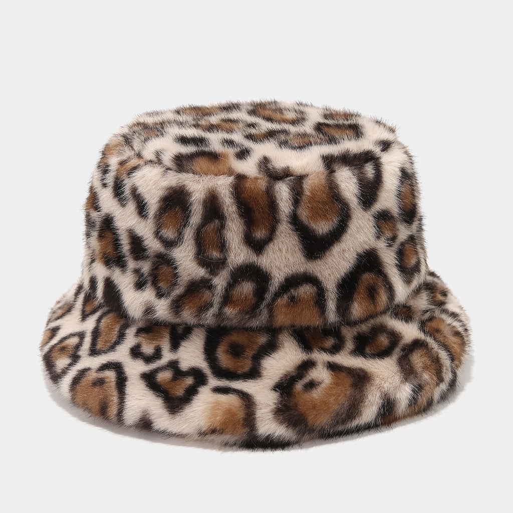 Fluffy Faux Fur Animal Print Bucket Hat - C1