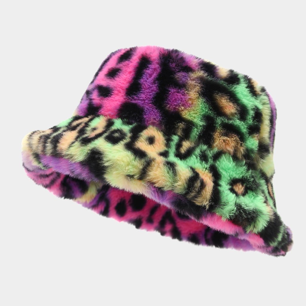Fluffy Faux Fur Animal Print Bucket Hat - C5