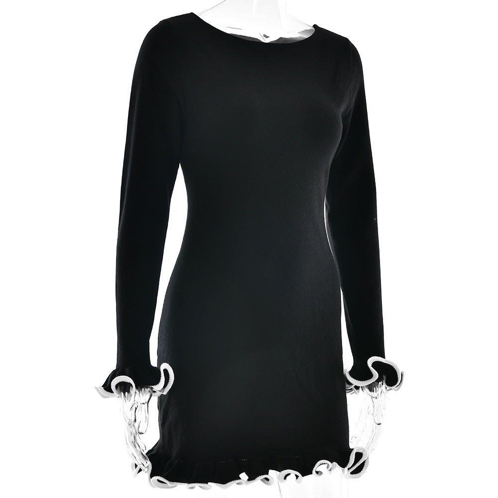 Contrast Lettuce Hem Knit Mini Dress - Black