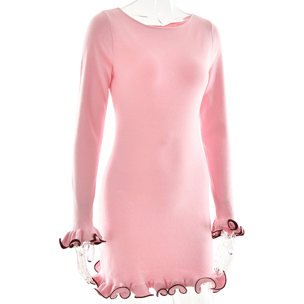 Contrast Lettuce Hem Knit Mini Dress - Pink