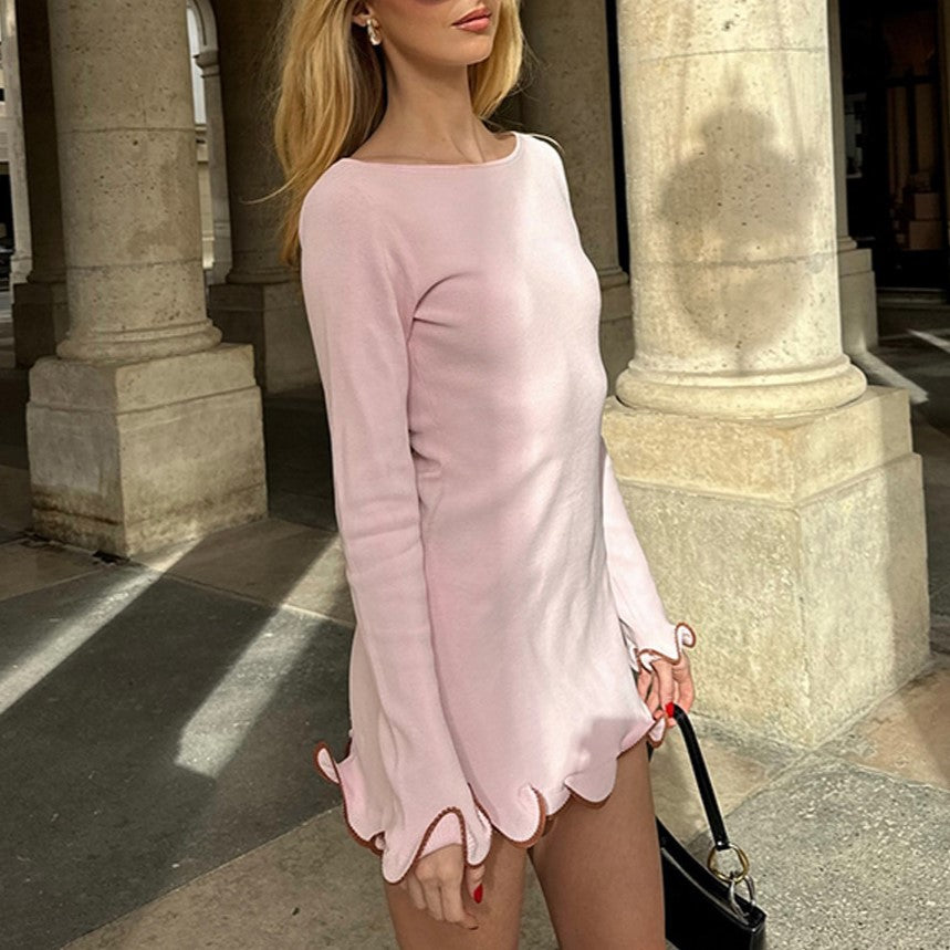 Contrast Lettuce Hem Knit Mini Dress - Pink - 1