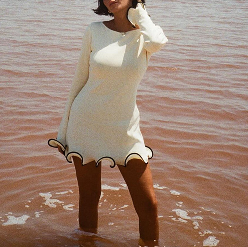 Contrast Lettuce Hem Knit Mini Dress - White