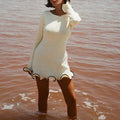 Contrast Lettuce Hem Knit Mini Dress - White