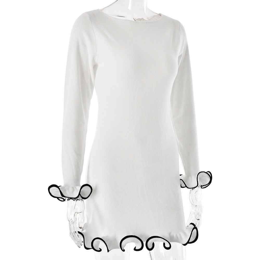 Contrast Lettuce Hem Knit Mini Dress - White - 1