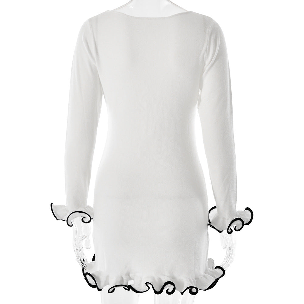 Contrast Lettuce Hem Knit Mini Dress - White - 2