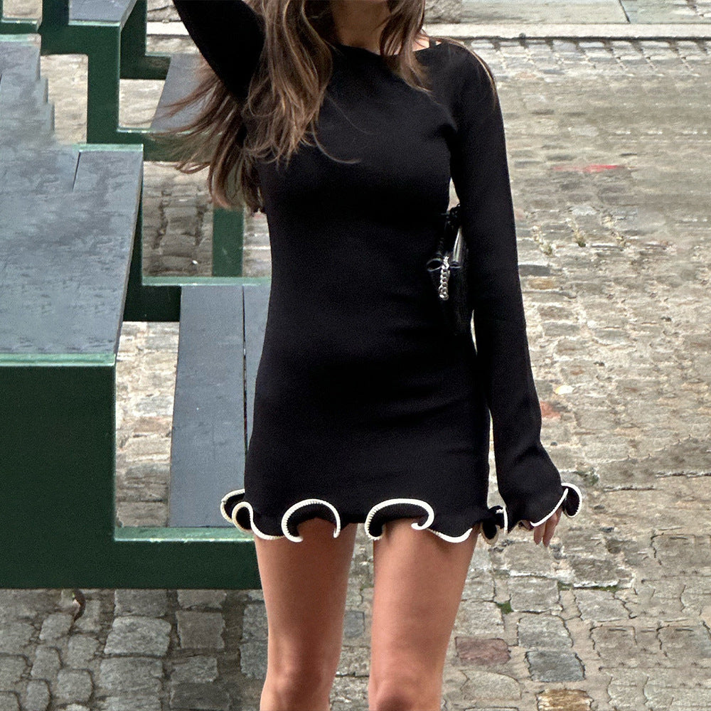 Contrast Lettuce Hem Knit Mini Dress