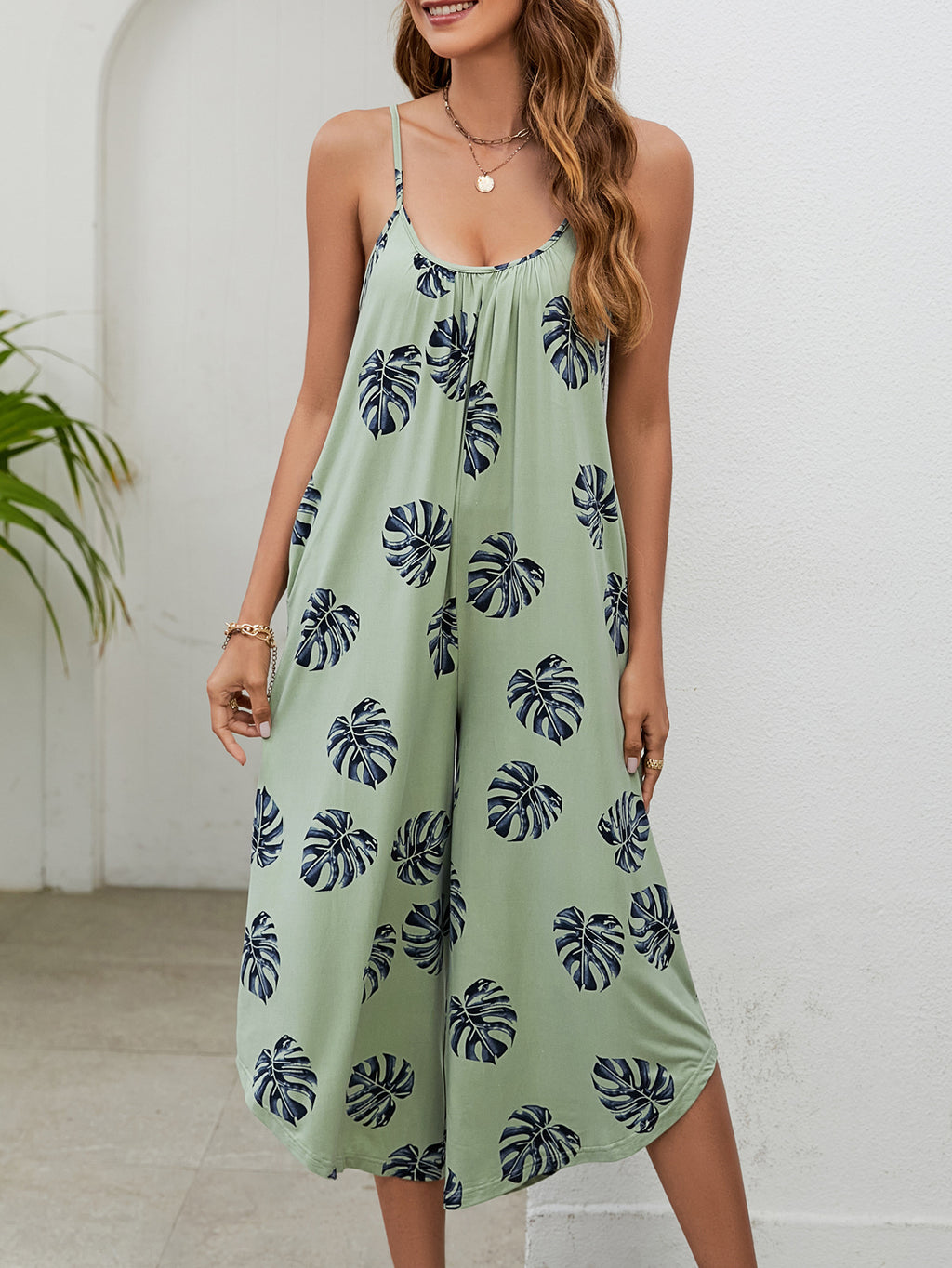 Tropical Leaf Print Wide Leg Jumpsuit - Green