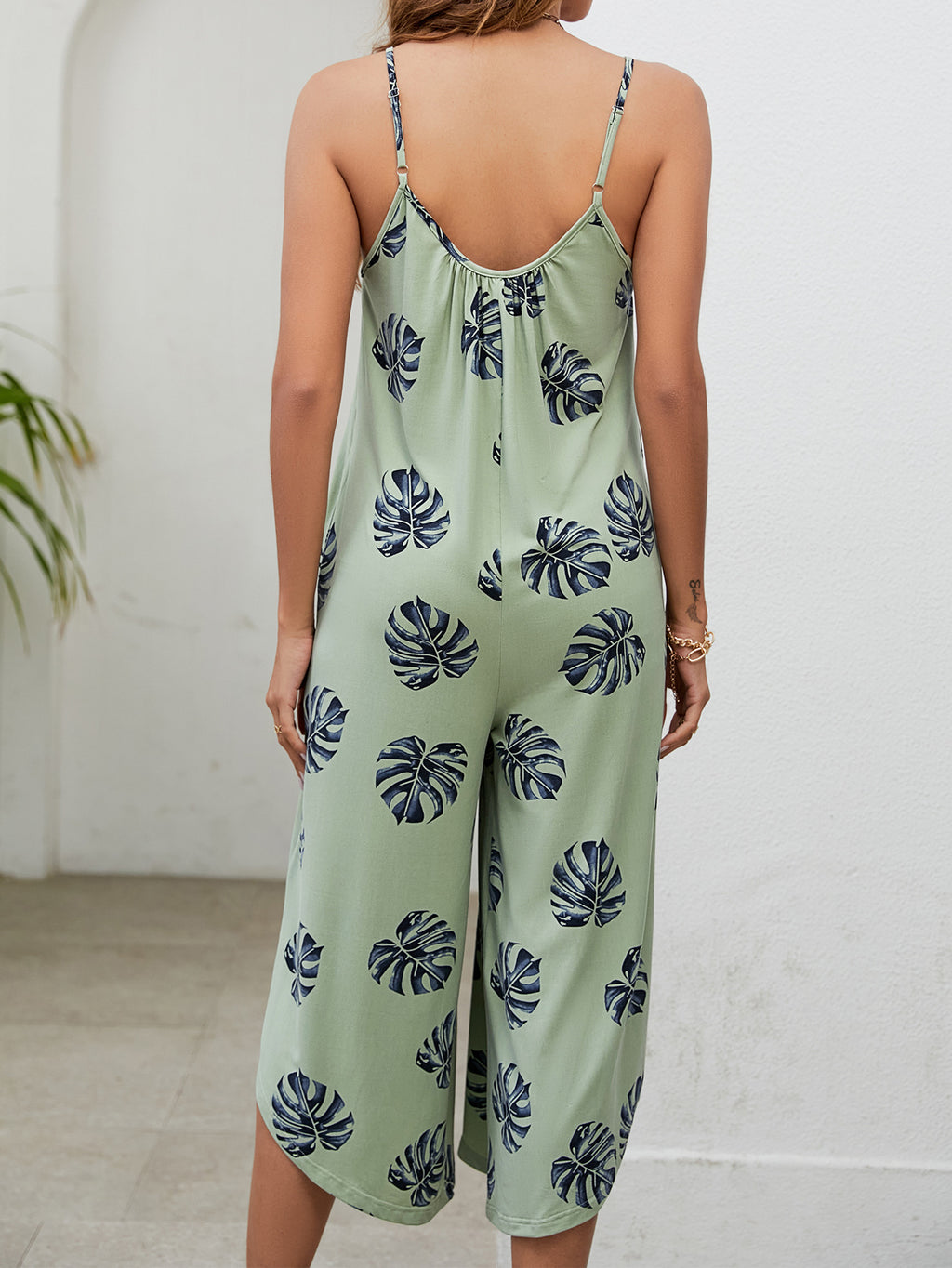 Tropical Leaf Print Wide Leg Jumpsuit - Green - 2