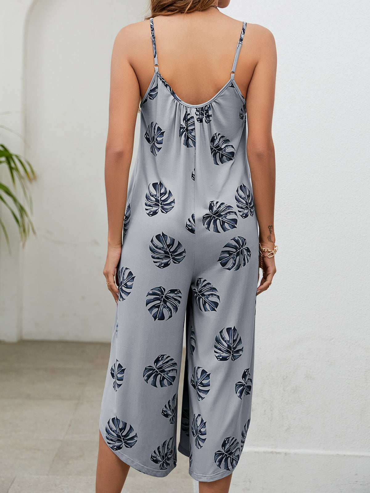 Tropical Leaf Print Wide Leg Jumpsuit - Grey - 3