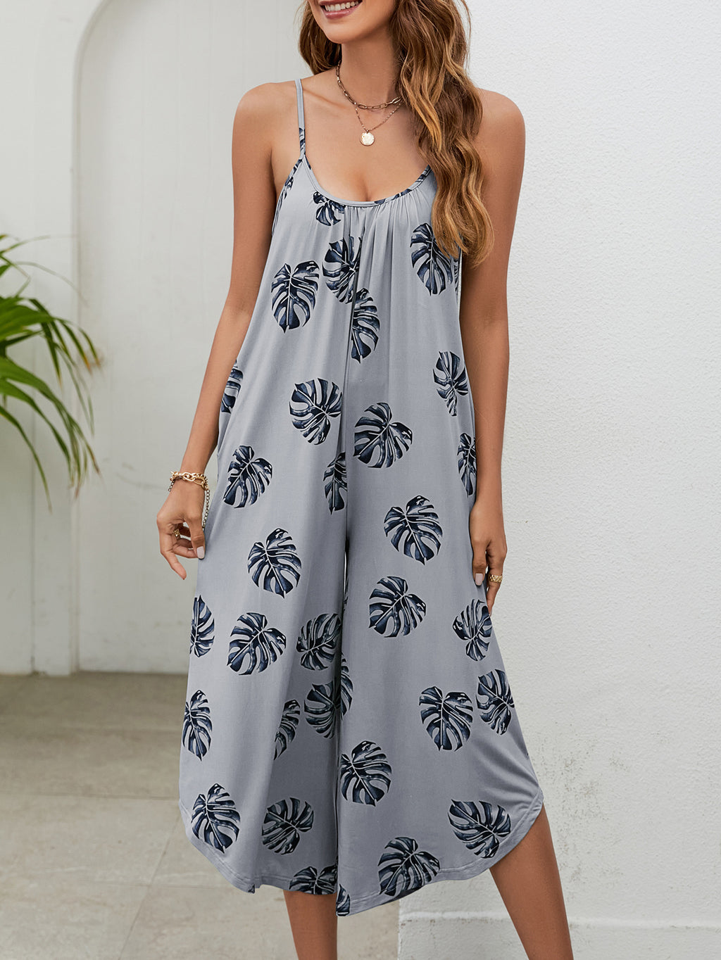 Tropical Leaf Print Wide Leg Jumpsuit - Grey - 4