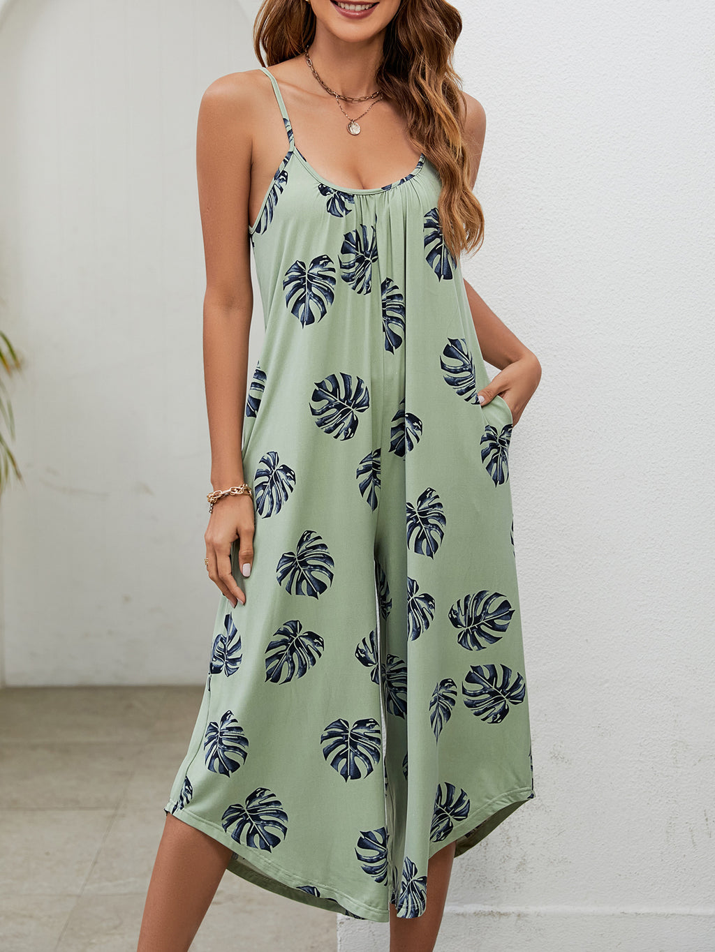 Tropical Leaf Print Wide Leg Jumpsuit