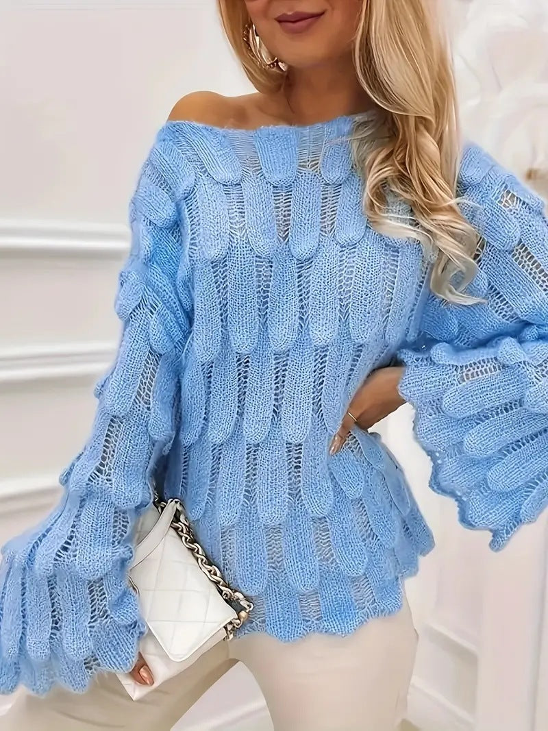 Petal Texture Openwork Boat Neck Sweater - view 2