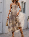 Smocked Bodice Geometric Print Midi Sundress - Khaki