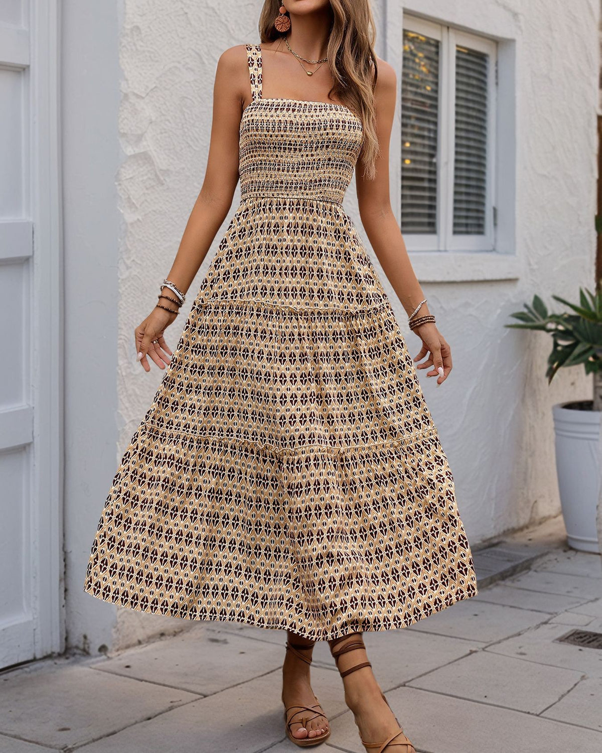 Smocked Bodice Geometric Print Midi Sundress - Khaki - 2