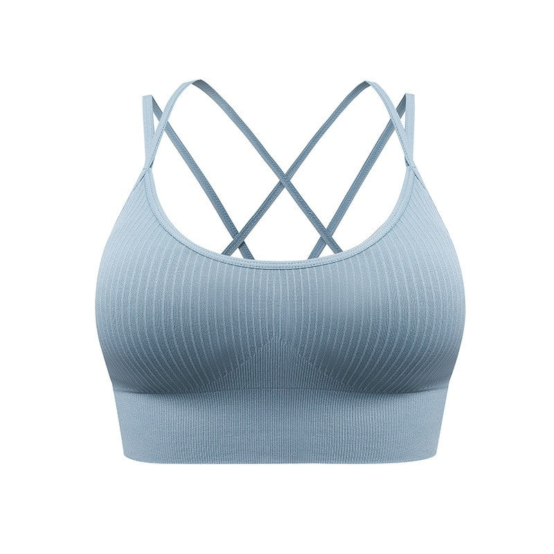 Ribbed Strappy Cross Back Padded Yoga Sports Bra - Light Blue