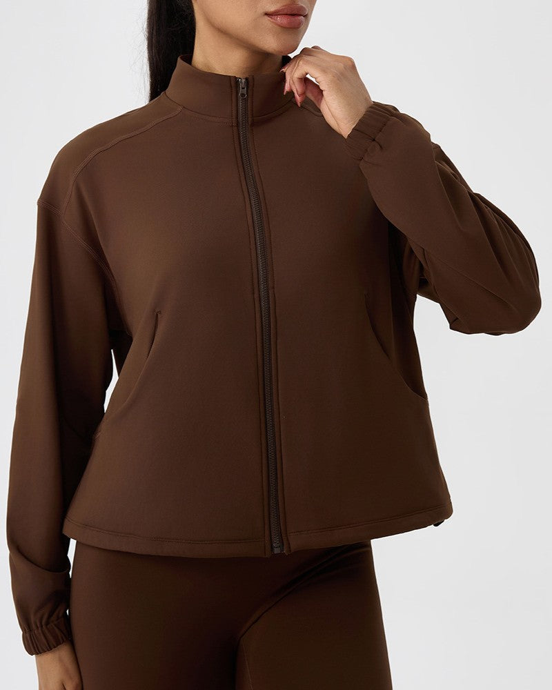 Cropped Zip Front Track Jacket High Collar - Coffee - 1