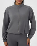 Cropped Zip Front Track Jacket High Collar - Grey