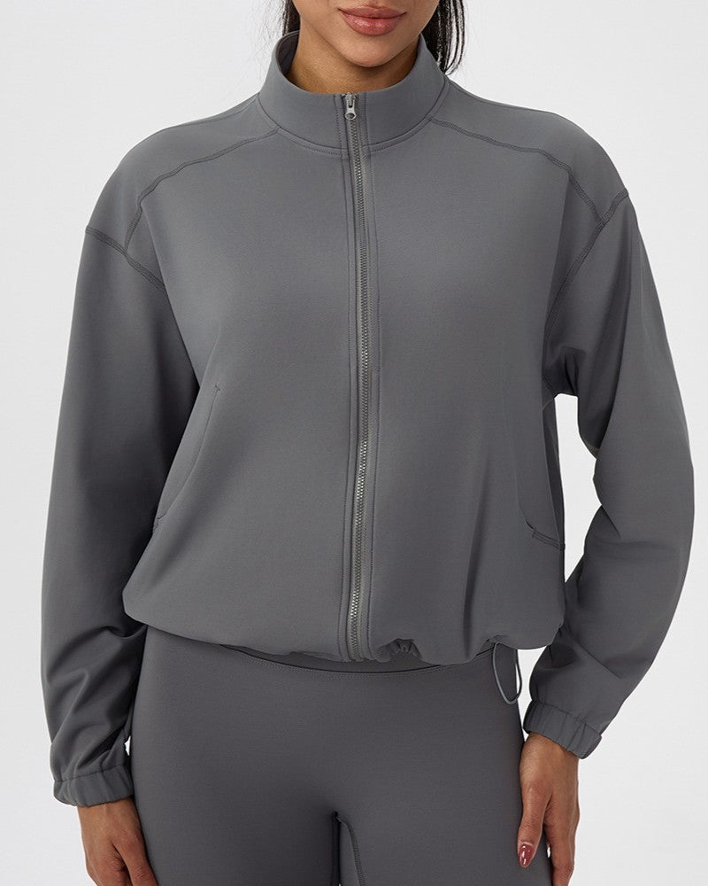 Cropped Zip Front Track Jacket High Collar - Grey