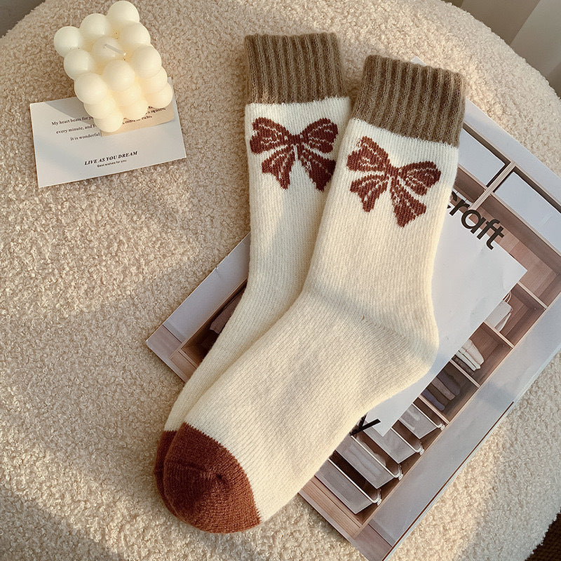 Soft Brushed Knit Crew Socks for Winter - Bow