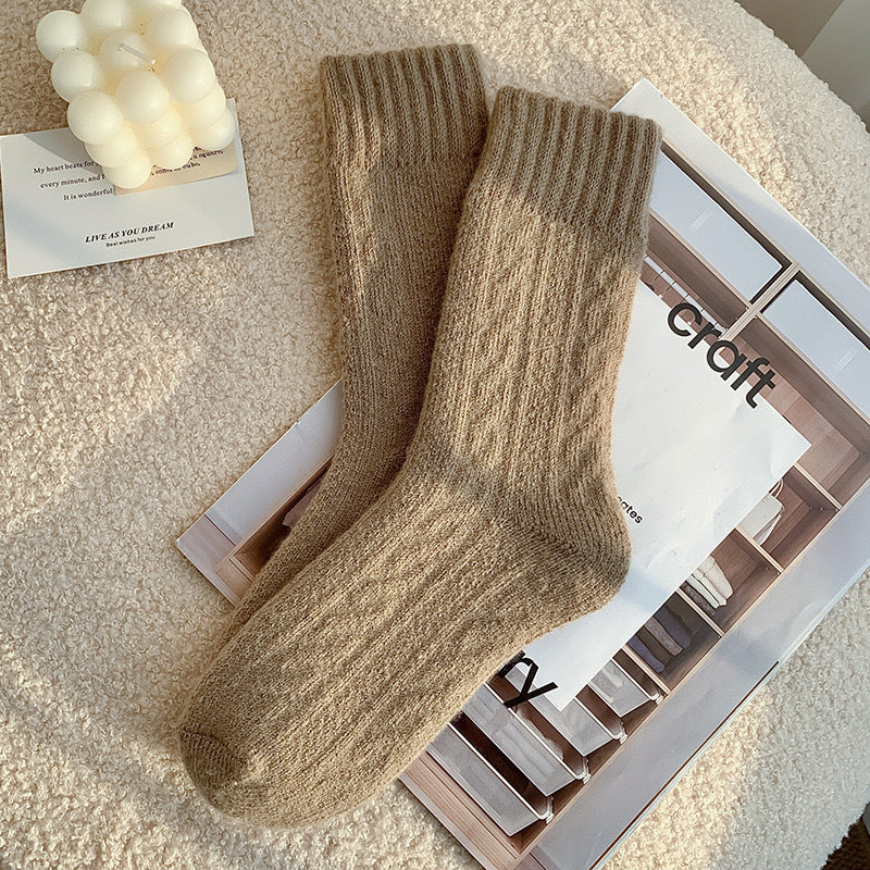 Soft Brushed Knit Crew Socks for Winter - Coffee