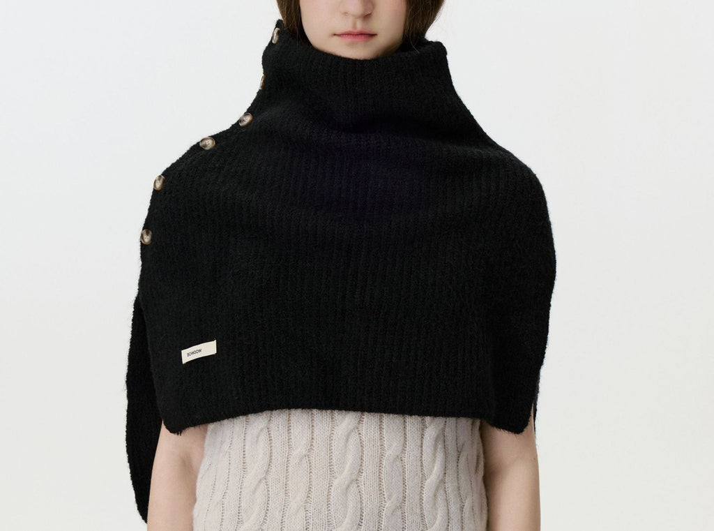 Buttoned Ribbed Knit Poncho Shoulder Cape - Black