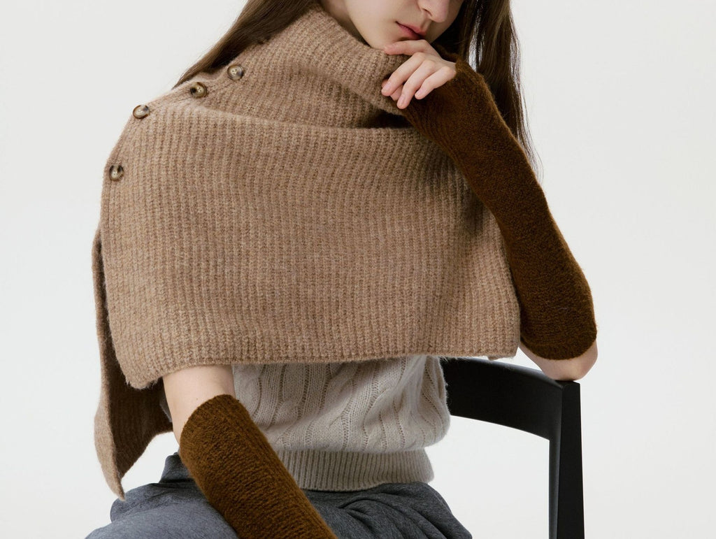 Buttoned Ribbed Knit Poncho Shoulder Cape - Camel