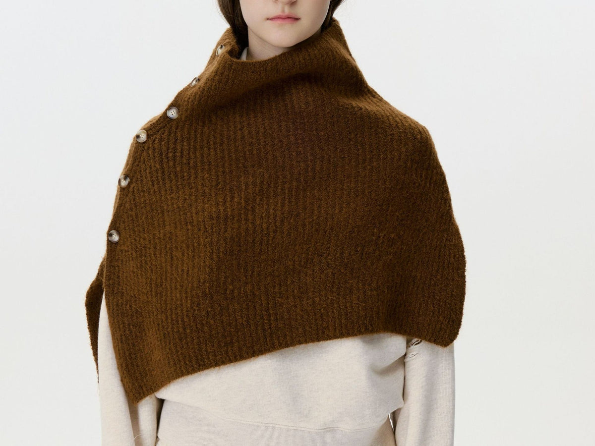 Buttoned Ribbed Knit Poncho Shoulder Cape - Coffee
