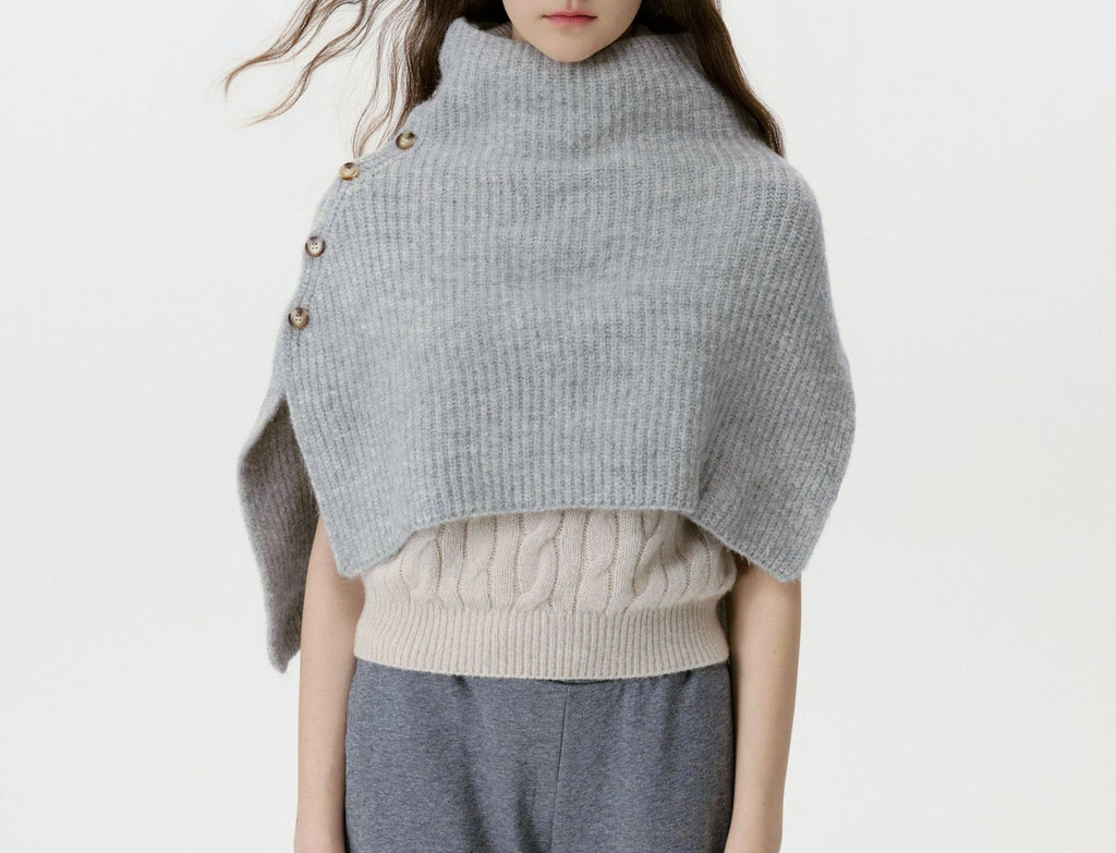 Buttoned Ribbed Knit Poncho Shoulder Cape - Grey