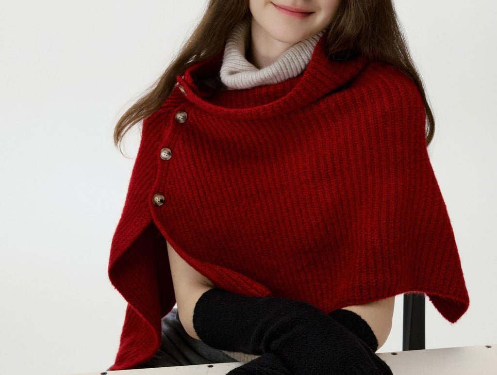 Buttoned Ribbed Knit Poncho Shoulder Cape - Red