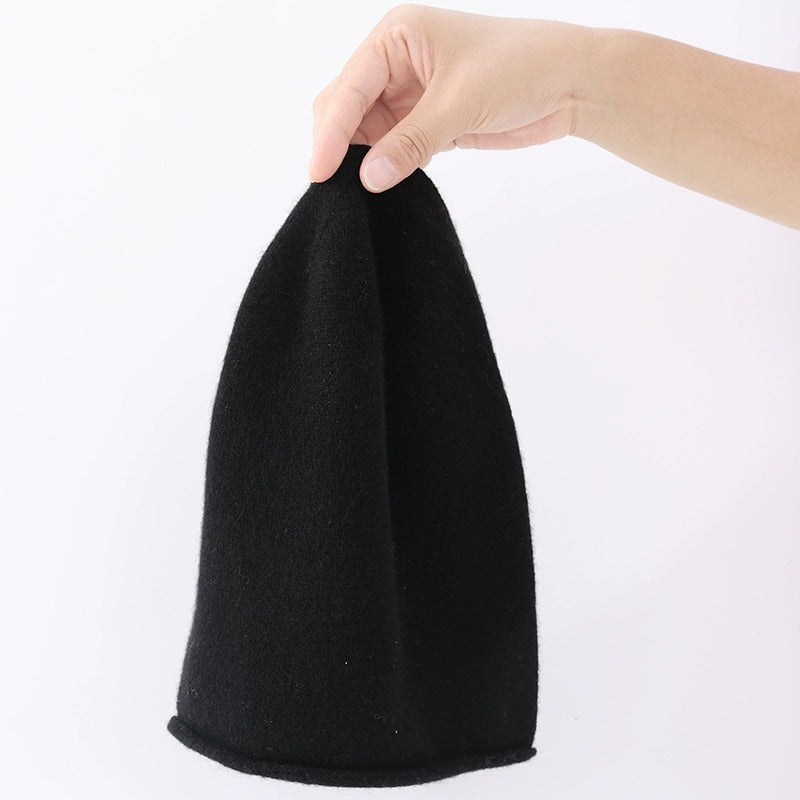Slouchy Rolled Edge Wool Beanie Hat - Black