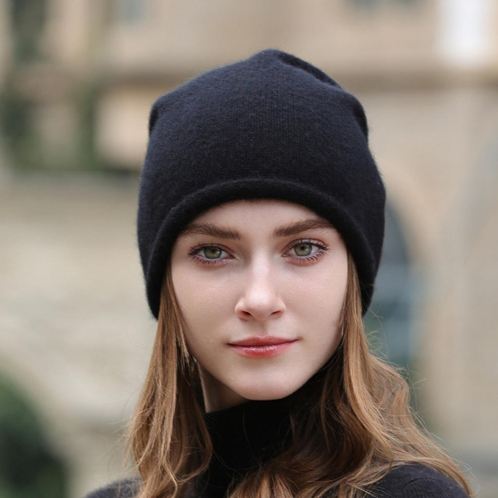 Slouchy Rolled Edge Wool Beanie Hat - Black - 1