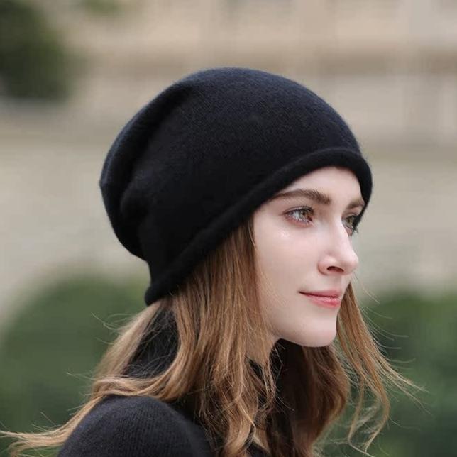 Slouchy Rolled Edge Wool Beanie Hat - Black - 2