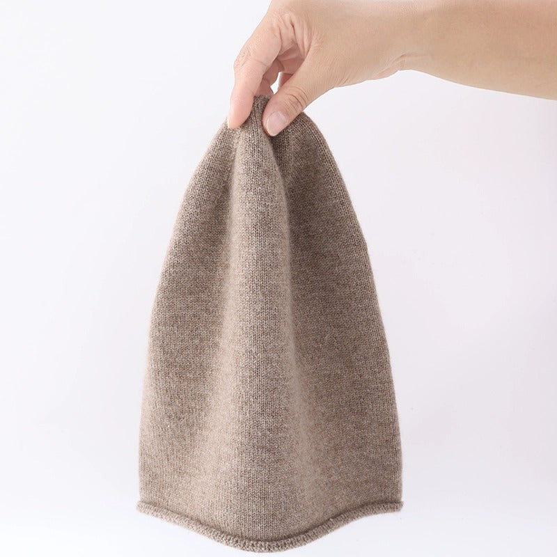 Slouchy Rolled Edge Wool Beanie Hat - Camel - 1