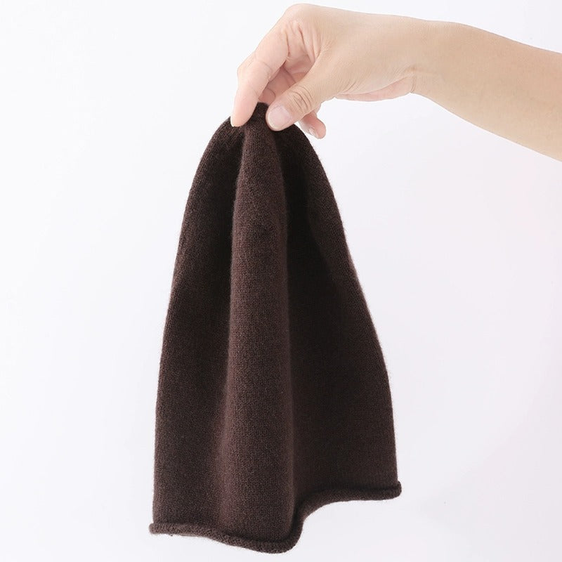 Slouchy Rolled Edge Wool Beanie Hat - Coffee