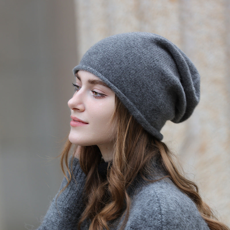 Slouchy Rolled Edge Wool Beanie Hat - Darkgray